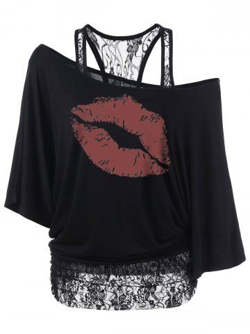 Plus Size Lip Print Lace Trim Ruched Skew Collar T-Shirt - BLACK - 3X | US 22-24