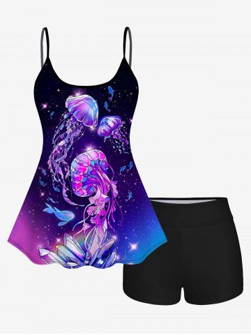 Ombre Fish Jellyfish Glitter Print Boyleg Tankini Swimsuit (Adjustable Shoulder Strap) - PURPLE - M