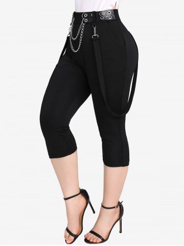 Plus Size Punk Grommet Chains Capri Suspender Pants - BLACK - M | US 10