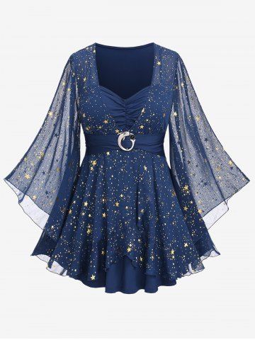 Plus Size Foil Stamping Star Print Buckle Ruched Sheer Layered T-shirt - DEEP BLUE - 2X | US 18-20