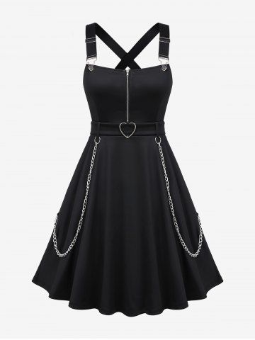 Plus Size Zipper Heart Buckle Chains Suspender Skirt - BLACK - 5X | US 30-32