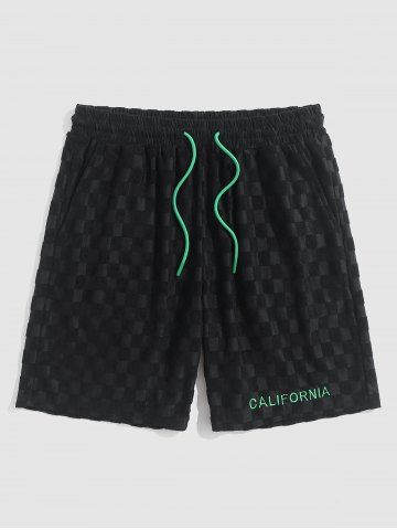 CALIFORNIA Letter Embroidered Checkered Jacquard Sports Shorts - BLACK - M