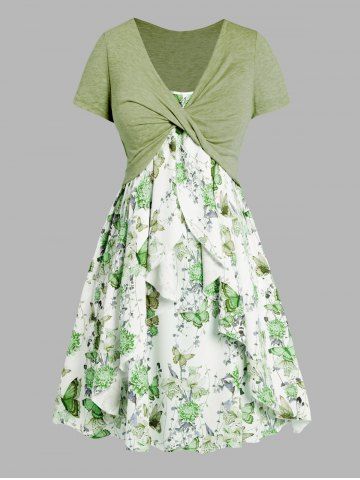 Plus Size Flower Butterfly Print Ruffle A Line Midi Dress And Heather Twisted Cropped Top Set - LIGHT GREEN - 1X