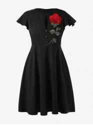 Plus Size Buttons Rose Embroidered Vintage Dress -  