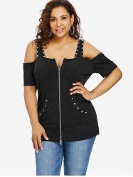 T-shirt Zippé Epaule Dénudée de Grande Taille avec Rivets - Noir M | US 10