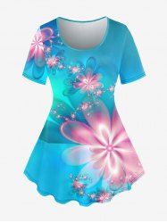 Plus Size Flower Light Beam Print Short Sleeves T-shirt -  