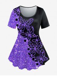 Plus Size Colorblock Butterfly Sparkling Sequin Print Short Sleeves T-shirt -  
