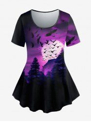 T-shirt Gothique Arbre Lune Montagne Imprimés à Manches Courtes - Noir 1X