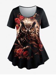 Plus Size Flower Owl Print Short Sleeves T-shirt -  