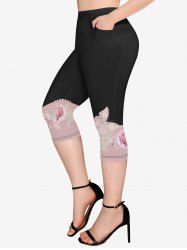 Plus Size Colorblock Flower Pearls Print Pockets Capri Leggings - Noir 6X