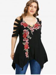 Plus Size Embroidery Ripped Hollow Out Short Sleeves T-shirt -  