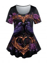 Gothic Birds Heart Flower Print Short Sleeves T-shirt -  