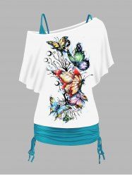 Colored Butterfly Tree Moon Print Skew Neck T Shirt And Plain Cinched Ruched Long Tank Top Set -  