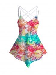 Tie Dye Painting Lattice Strap Asymmetrical Hem Long Tank Top -  