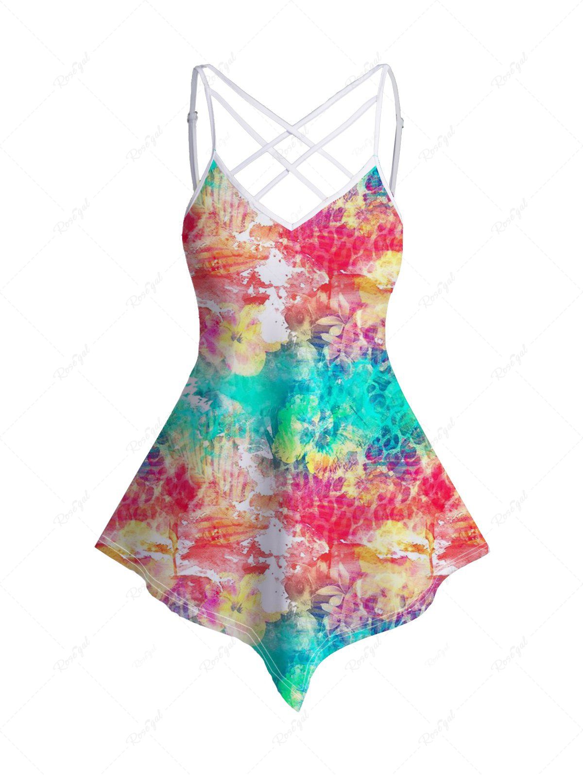Outfit Tie Dye Painting Lattice Strap Asymmetrical Hem Long Tank Top  