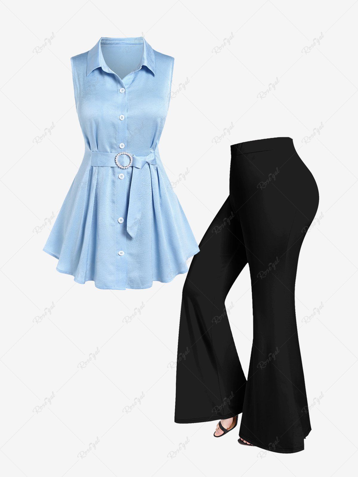 Unique Sleeveless Buttons Buckle Belt Shirt and Flare Pants Plus Size Summer Outfit  