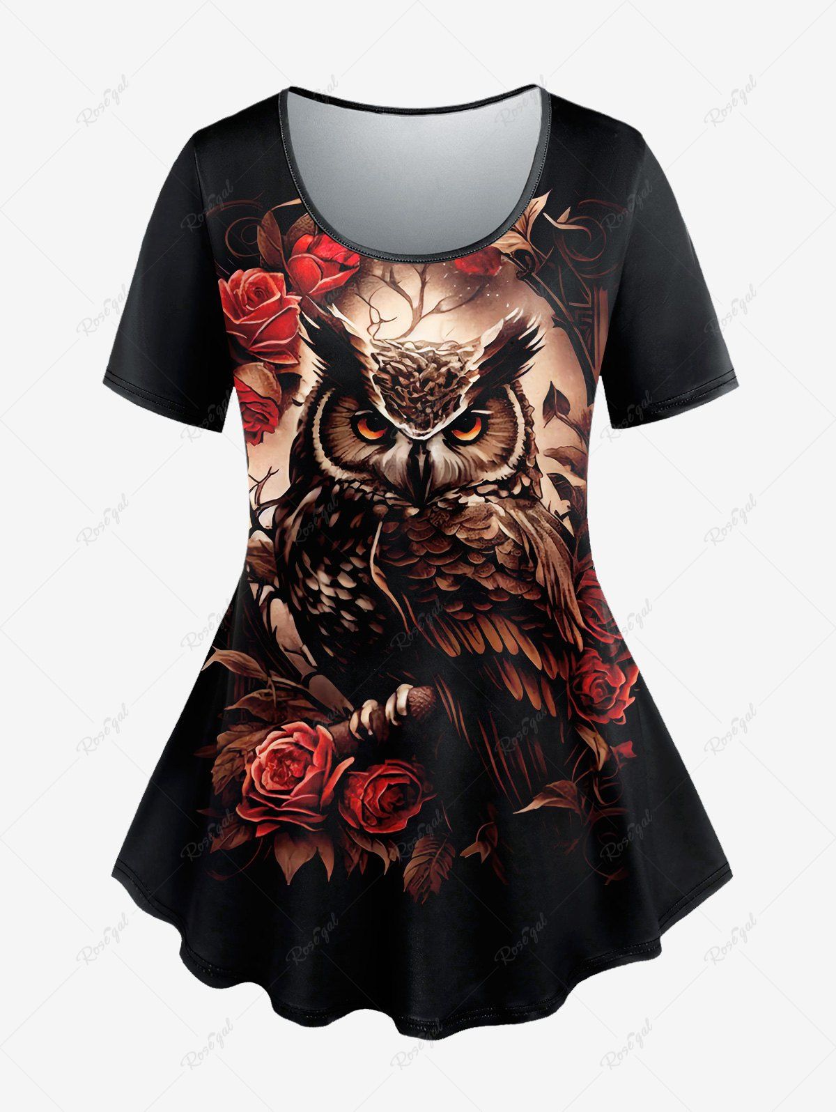 Sale Plus Size Flower Owl Print Short Sleeves T-shirt  