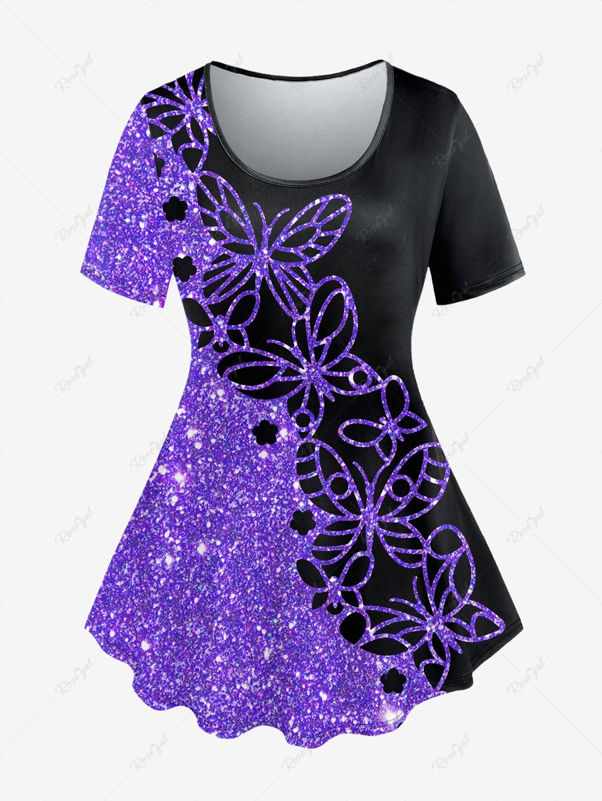 Unique Plus Size Colorblock Butterfly Sparkling Sequin Print Short Sleeves T-shirt  