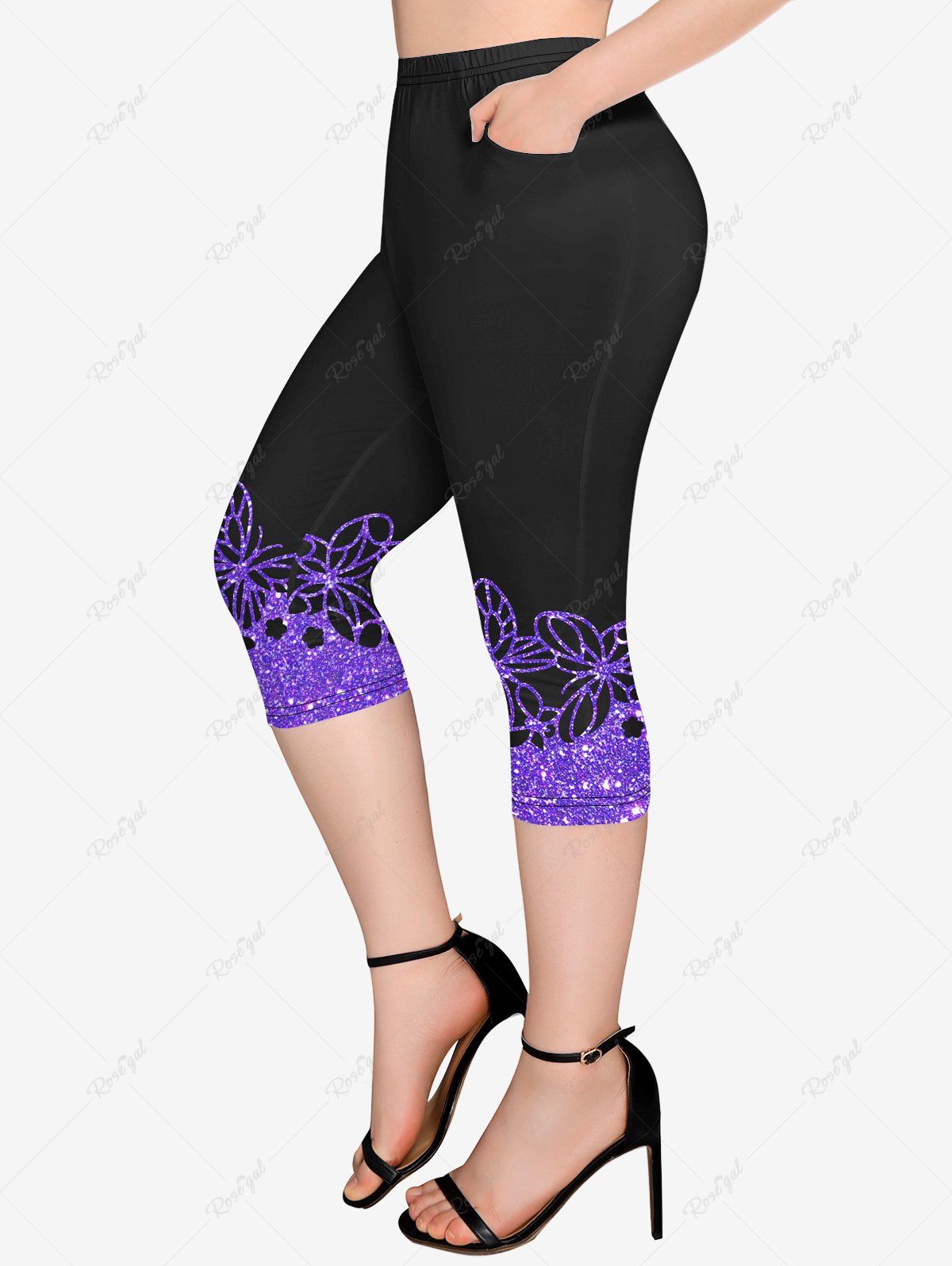 Affordable Plus Size Butterfly Sparkling Sequin Print Pockets Capri Leggings  