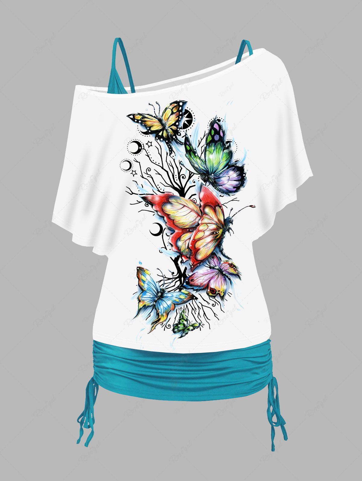 Outfits Colored Butterfly Tree Moon Print Skew Neck T Shirt And Plain Cinched Ruched Long Tank Top Set  
