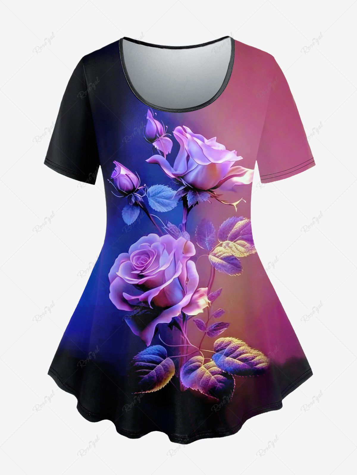 T-shirt Ombré Fleur Imprimée en Blocs de Couleurs de Grande Taille Pourpre  6X
