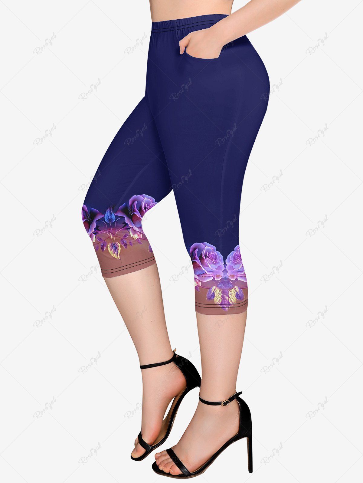 Chic Plus Size Colorblock Flower Print Pockets Capri Leggings  