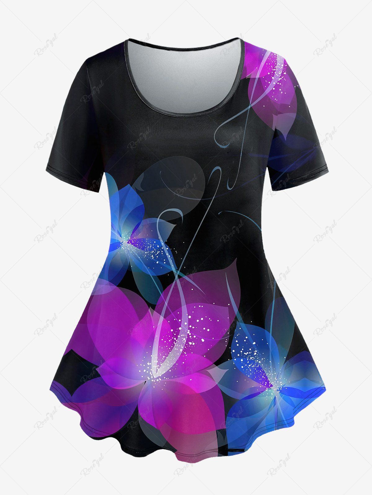Chic Plus Size Glitter Flower Print T-shirt  