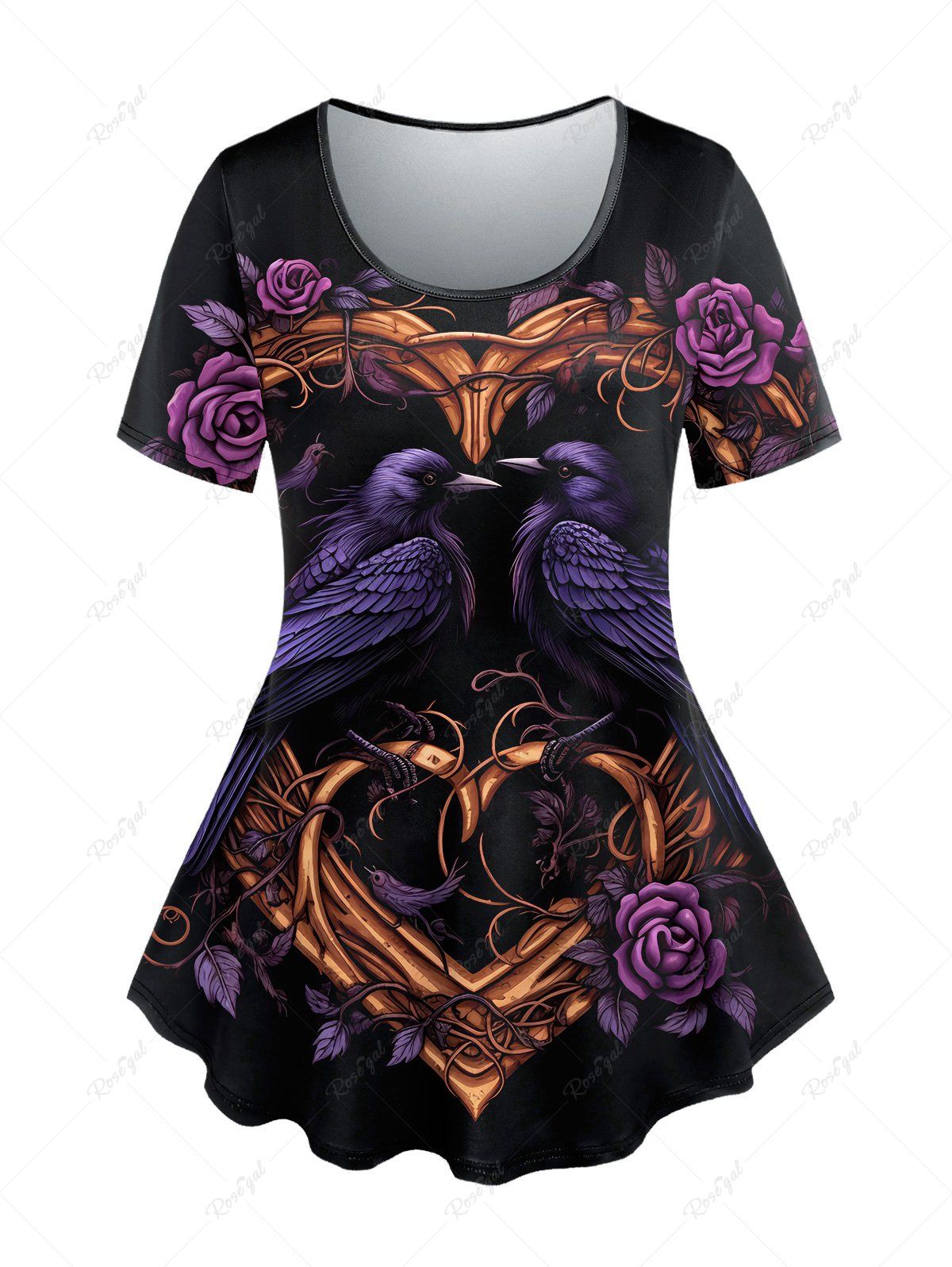 T-shirt Gothique Cœur Oiseau et Fleur Imprimés à Manches Courtes Noir XS