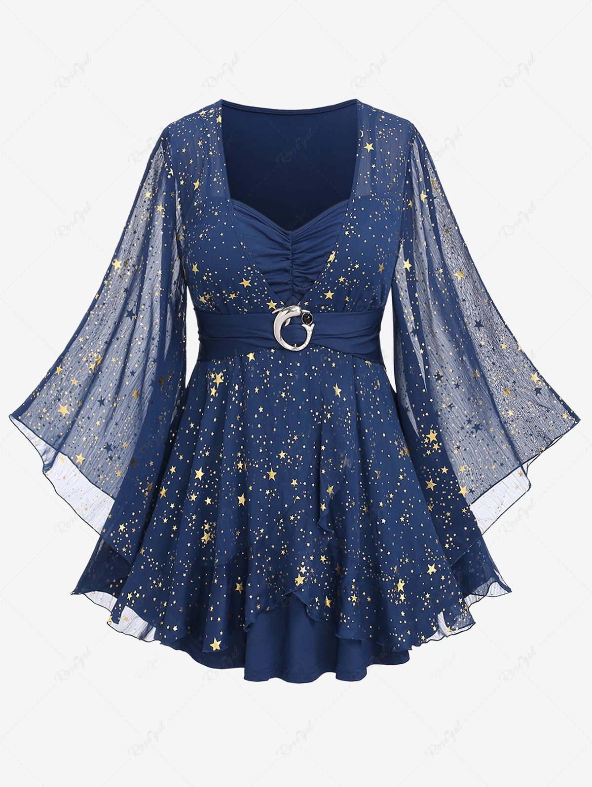 Unique Plus Size Foil Stamping Star Print Buckle Ruched Sheer Layered T-shirt  