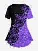 Plus Size Colorblock Butterfly Sparkling Sequin Print Short Sleeves T-shirt -  