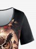 T-shirt Fleur Hibou Imprimés à Manches Courtes de Grande Taille - Noir 6X
