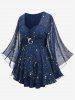 Plus Size Foil Stamping Star Print Buckle Ruched Sheer Layered T-shirt -  