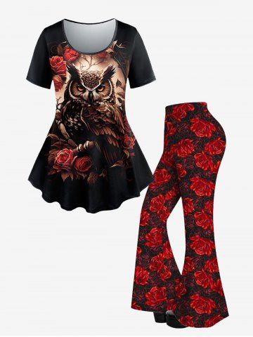 Gothic Flower Owl Printed Short Sleeves T-shirt and Flare Pants Outfit - BLACK
