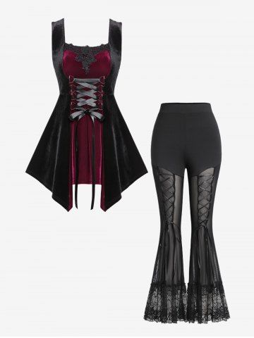 Gothic Lace-up Floral Lace Panel Handkerchief Tank Top and See Through Mesh Panel Lace Lace-up Flare Pants Outfit