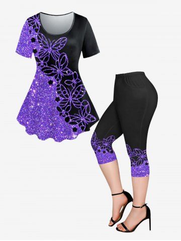 Colorblock Butterfly Sparkling Sequin Printed T-shirt and Pockets Capri Leggings Plus Size Matching Set - PURPLE