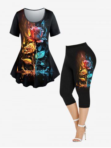 Flower Leaves Flame Printed Short Sleeves T-shirt and Pockets Capri Leggings Plus Size Outfit - BLACK
