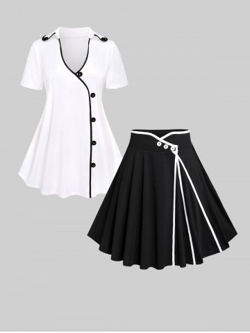 Monochrome Binding Trim Buttons Top and Keen Length Skirt Plus Size Summer Outfit - WHITE