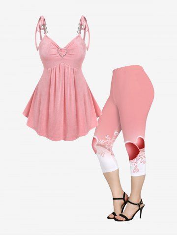 Tied Heart Buckle Ruched Tank Top and Capri Leggings Plus Size Summer Outfit - LIGHT PINK
