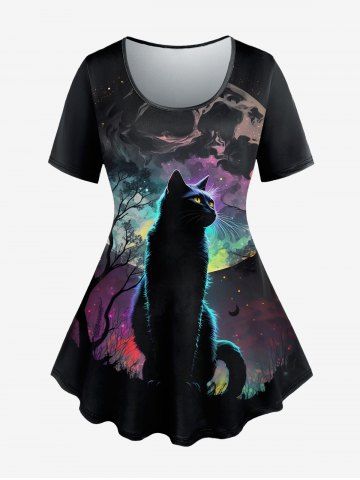 Plus Size Cat Tree Moon Star Print T-shirt - BLACK - 2X