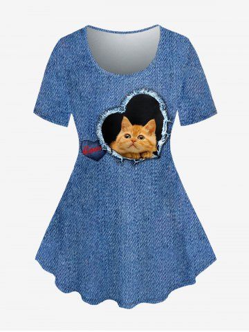 Plus Size 3D Ripped Heart Cat Denim Print T-shirt - BLUE - 4X