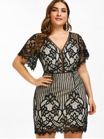Plus Size Floral Lace Eyelash Fitted Plunge Dress
