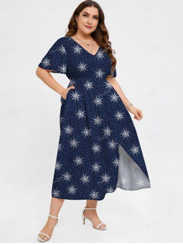 Plus Size Galaxy Print Pockets Split Dress - DEEP BLUE - L