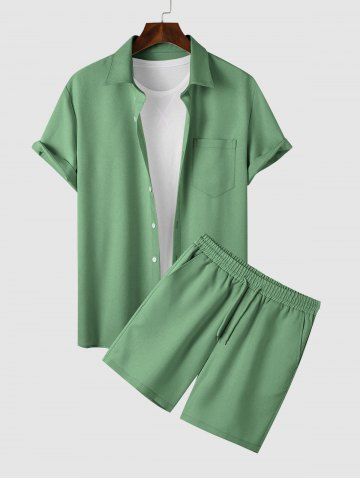 Solid Color Short Sleeves Shirt and Casual Shorts Two Pieces Set - GREEN - S