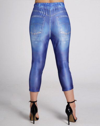 Plus Size 3D Faux Denim Butterfly Print Elastic Waist Capri Leggings