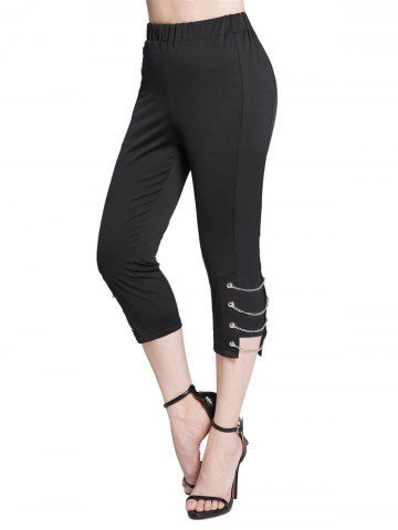 Solid Color Chain Lace Up Cropped Pants - BLACK - M