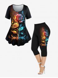 Flower Leaves Flame Printed Short Sleeves T-shirt and Pockets Capri Leggings Plus Size Outfit -  