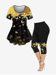 Butterfly Flower Print Short Sleeves Tee and Capri Leggings Plus Size Matching Outfit -  