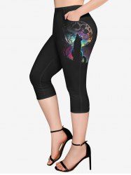 Plus Size Cat Moon Stars Print Pockets Capri Leggings -  