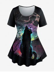 Plus Size Cat Tree Moon Star Print T-shirt -  