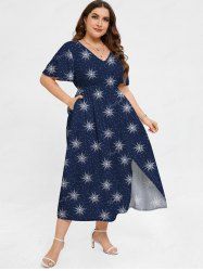 Plus Size Galaxy Print Pockets Split Dress -  